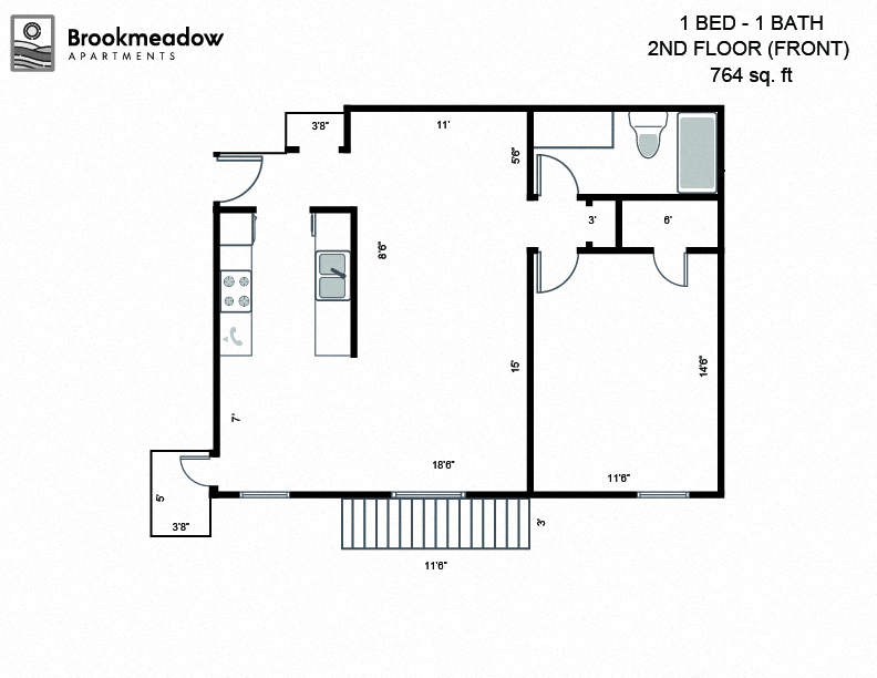 Floor plan for 1 bed, 1 bath, 776 sqft